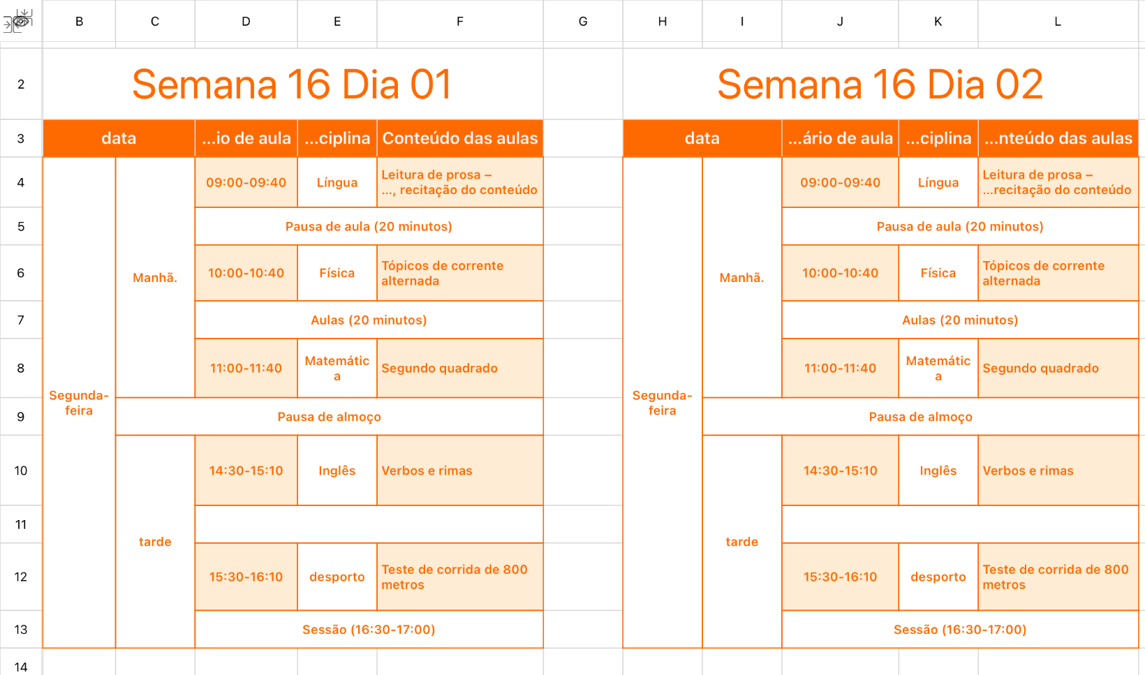 Programação Semanal de Cursos